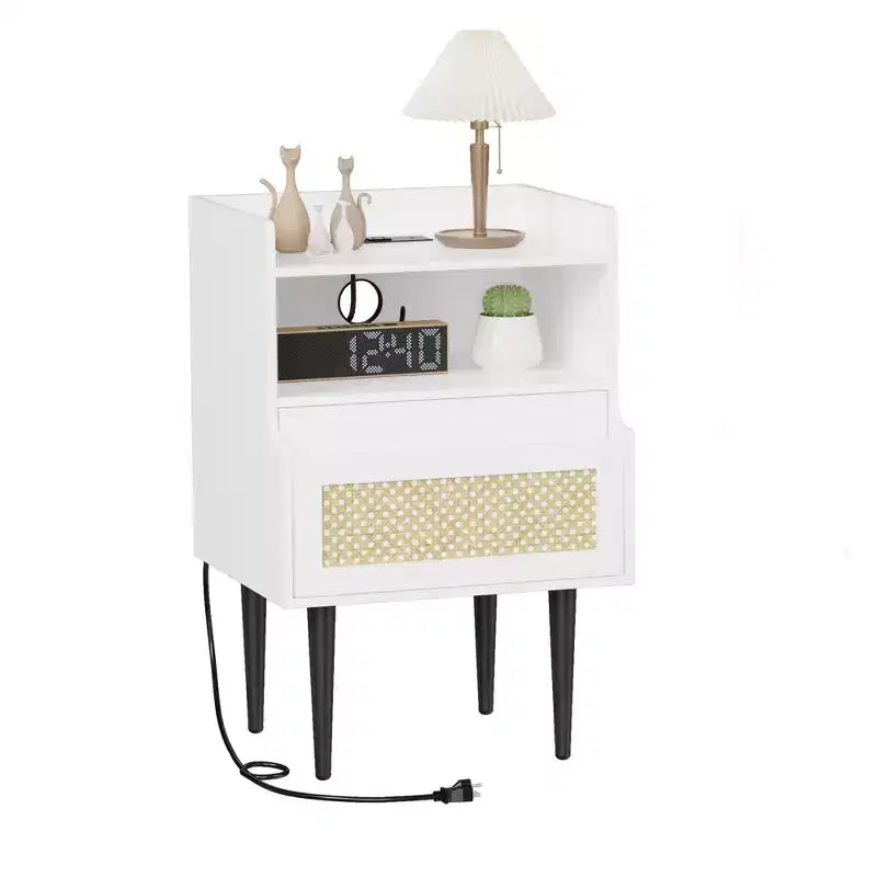COZONY 2-Piece Nightstand Set with Rattan Detail, End Table with Open Shelves and Drawer, Modern Bedside Table for Bedroom Dorm