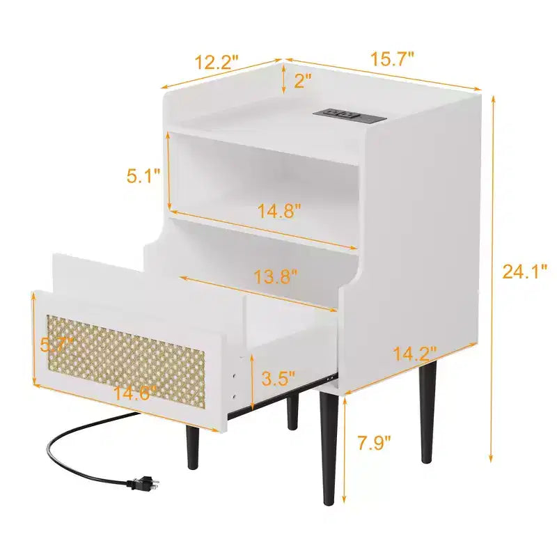 COZONY 2-Piece Nightstand Set with Rattan Detail, End Table with Open Shelves and Drawer, Modern Bedside Table for Bedroom Dorm