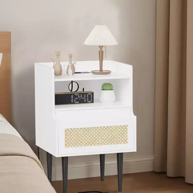 COZONY 2-Piece Nightstand Set with Rattan Detail, End Table with Open Shelves and Drawer, Modern Bedside Table for Bedroom Dorm