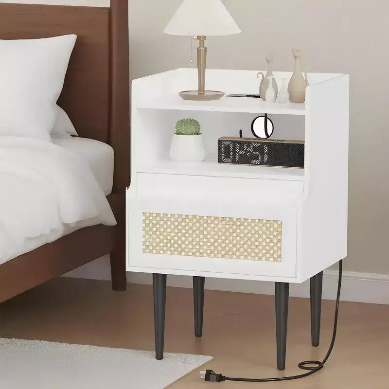 COZONY 2-Piece Nightstand Set with Rattan Detail, End Table with Open Shelves and Drawer, Modern Bedside Table for Bedroom Dorm