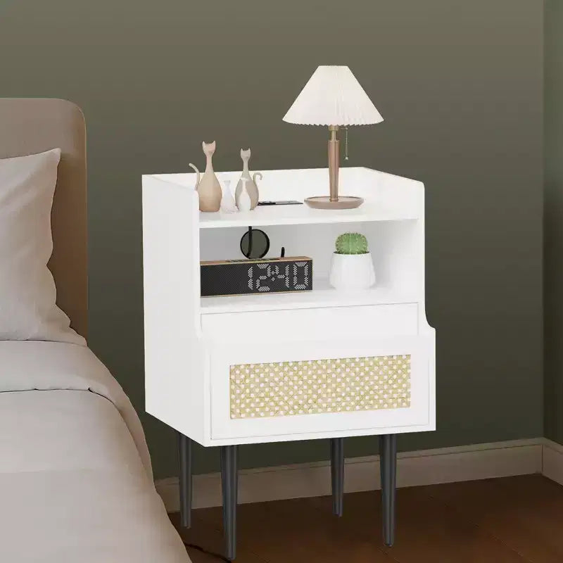 COZONY 2-Piece Nightstand Set with Rattan Detail, End Table with Open Shelves and Drawer, Modern Bedside Table for Bedroom Dorm