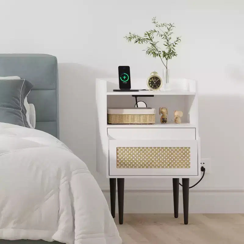 COZONY 2-Piece Nightstand Set with Rattan Detail, End Table with Open Shelves and Drawer, Modern Bedside Table for Bedroom Dorm