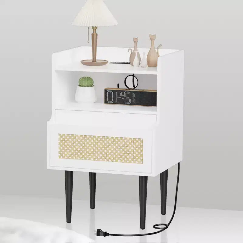 COZONY 2-Piece Nightstand Set with Rattan Detail, End Table with Open Shelves and Drawer, Modern Bedside Table for Bedroom Dorm