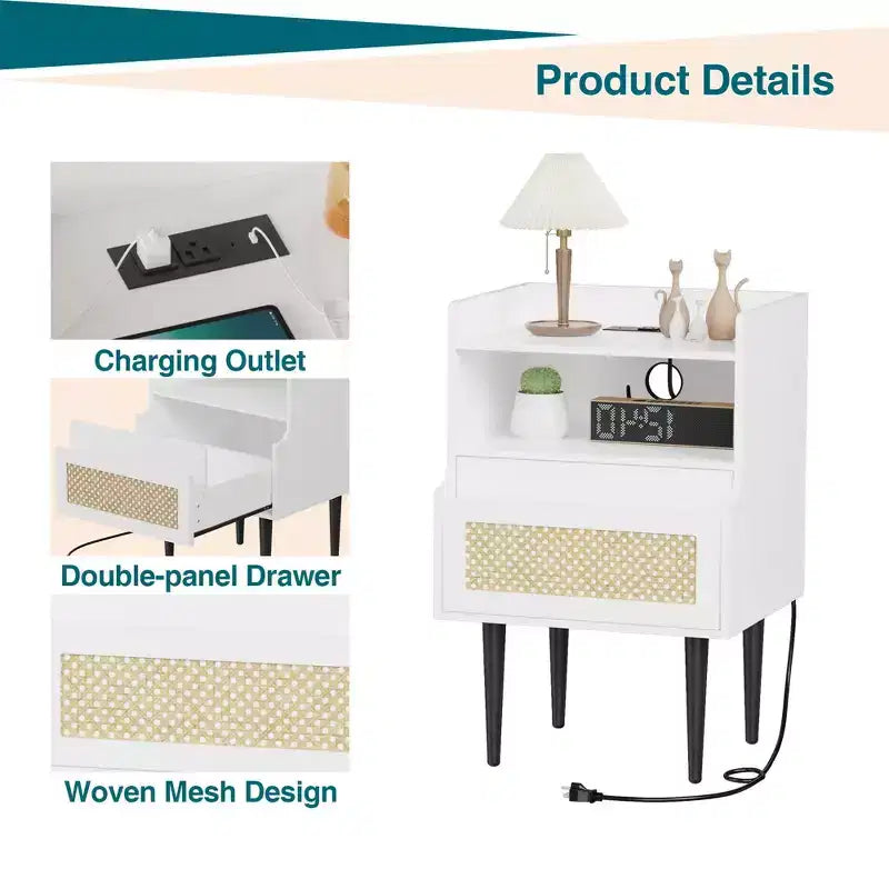COZONY 2-Piece Nightstand Set with Rattan Detail, End Table with Open Shelves and Drawer, Modern Bedside Table for Bedroom Dorm
