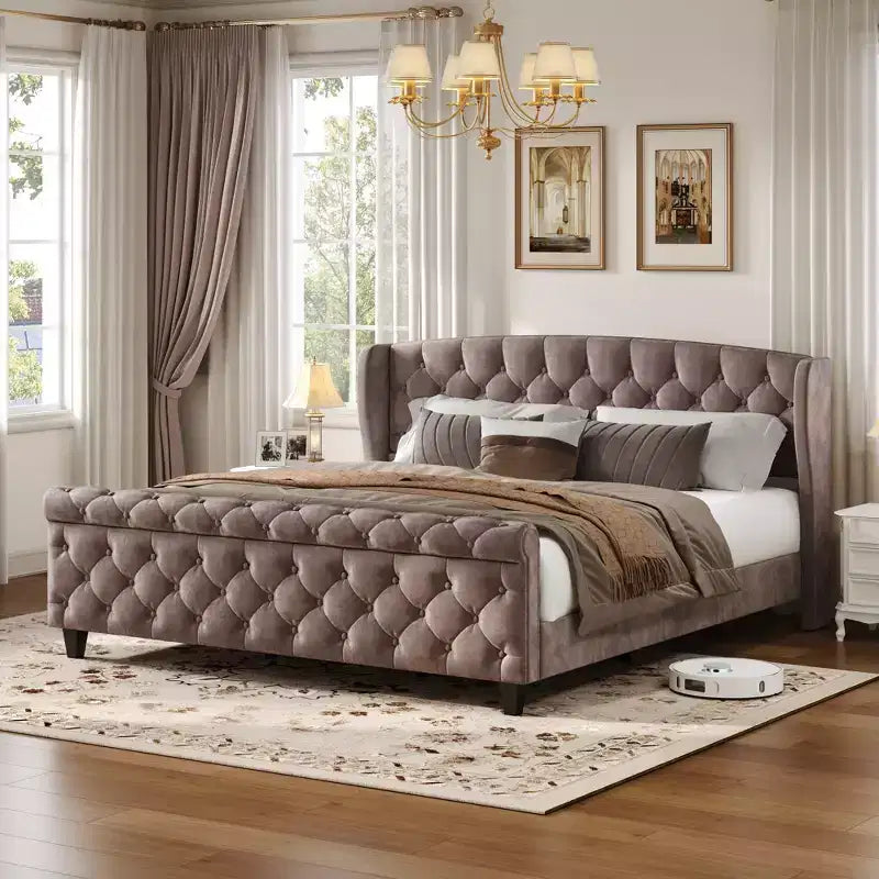 Christopher Knight Home Byrne Upholstered Sleigh Bed with Wingback Headboard and Scroll Footboard