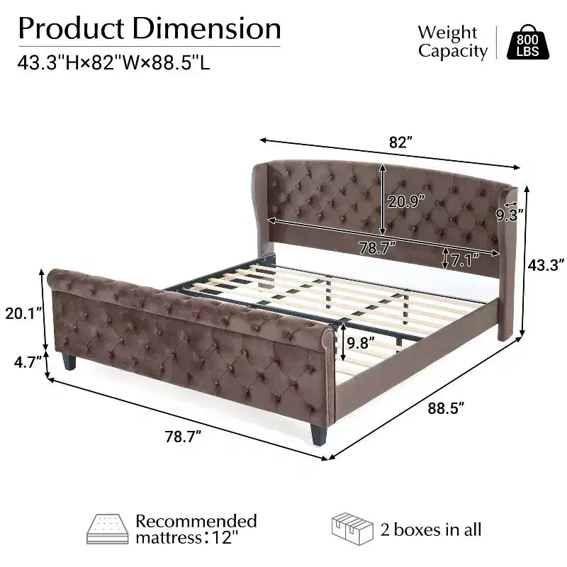 Christopher Knight Home Byrne Upholstered Sleigh Bed with Wingback Headboard and Scroll Footboard