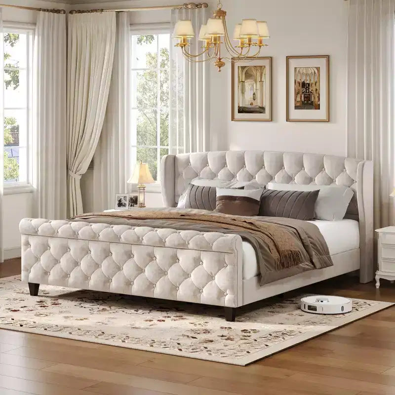 Christopher Knight Home Byrne Upholstered Sleigh Bed with Wingback Headboard and Scroll Footboard