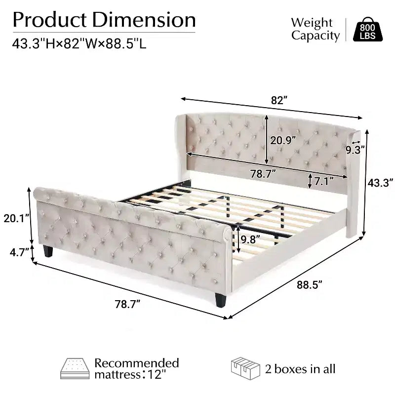 Christopher Knight Home Byrne Upholstered Sleigh Bed with Wingback Headboard and Scroll Footboard