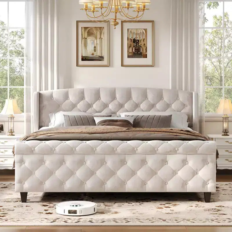Christopher Knight Home Byrne Upholstered Sleigh Bed with Wingback Headboard and Scroll Footboard