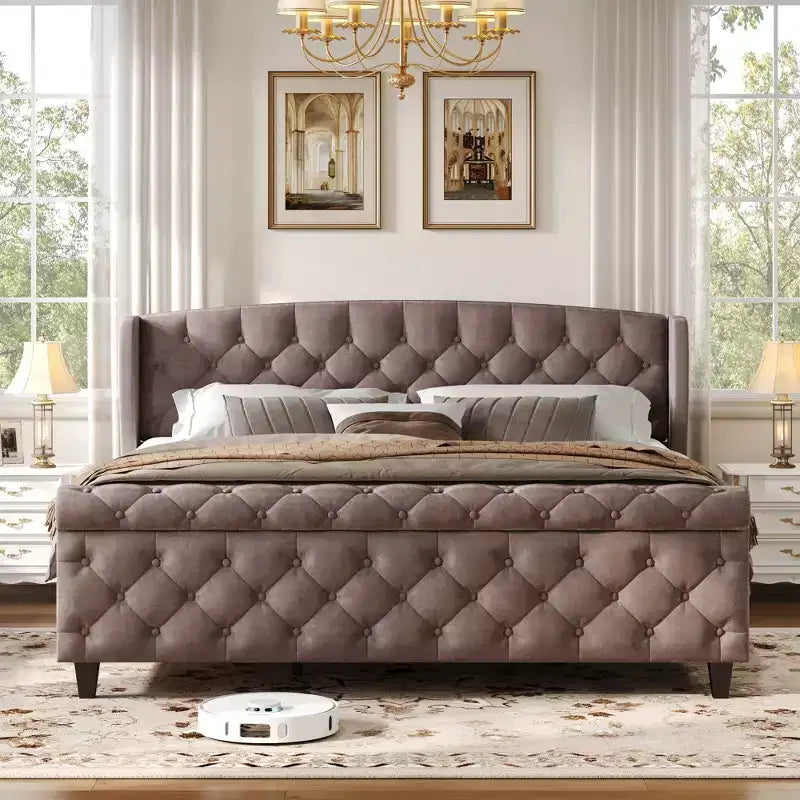 Christopher Knight Home Byrne Upholstered Sleigh Bed with Wingback Headboard and Scroll Footboard