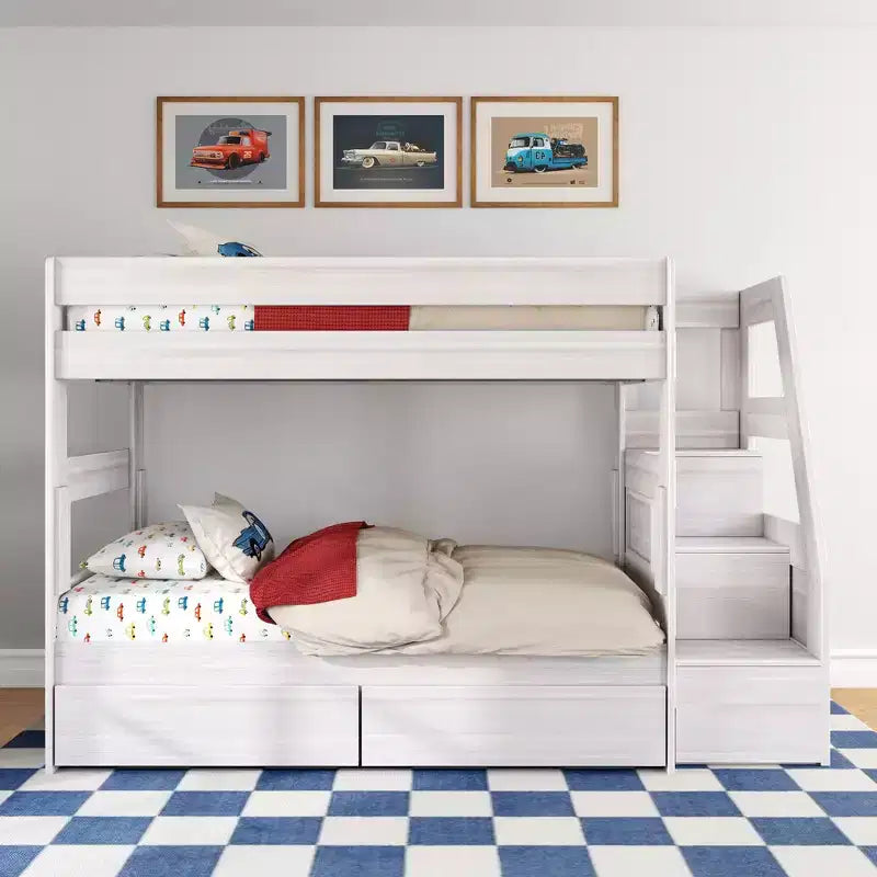 Modern Farmhouse Twin Over Twin Bunk Bed With Staircase and Storage Drawers