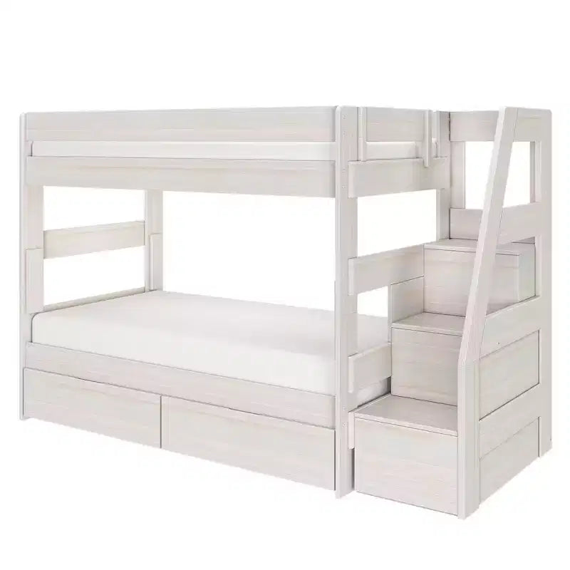 Modern Farmhouse Twin Over Twin Bunk Bed With Staircase and Storage Drawers