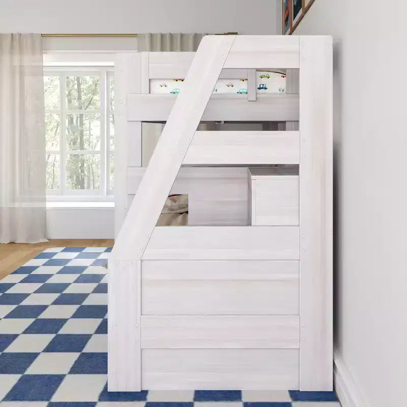 Modern Farmhouse Twin Over Twin Bunk Bed With Staircase and Storage Drawers