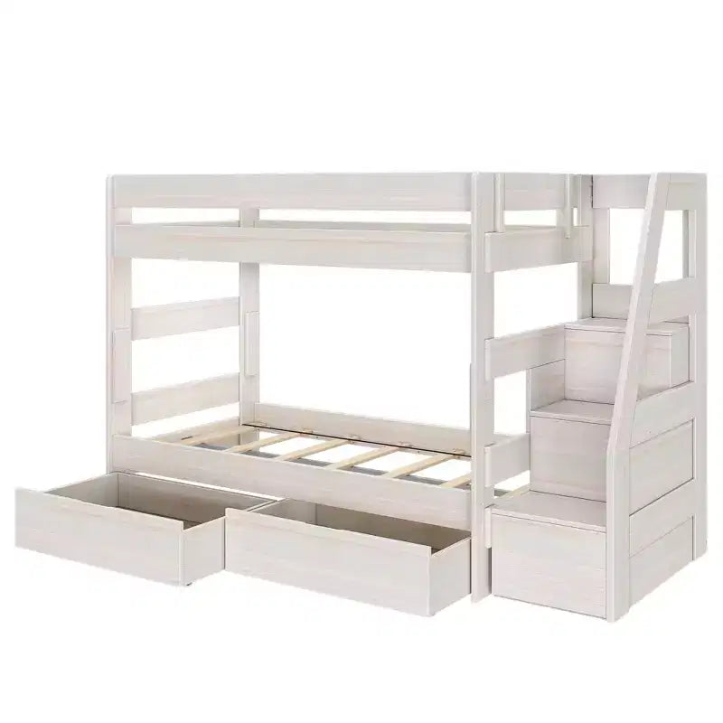 Modern Farmhouse Twin Over Twin Bunk Bed With Staircase and Storage Drawers