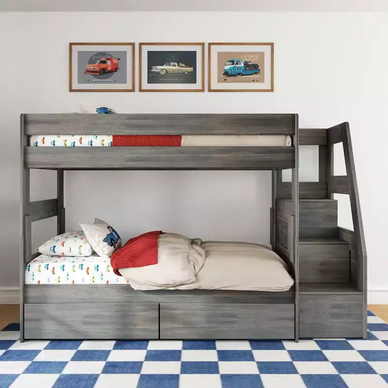 Modern Farmhouse Twin Over Twin Bunk Bed With Staircase and Storage Drawers