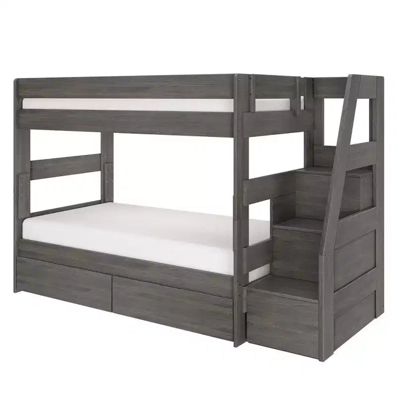 Modern Farmhouse Twin Over Twin Bunk Bed With Staircase and Storage Drawers