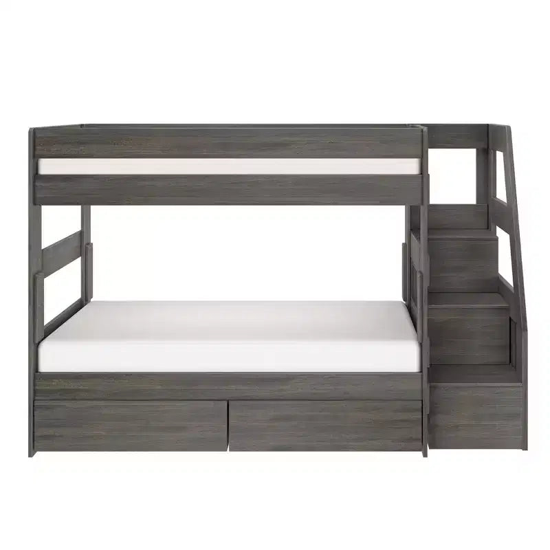 Modern Farmhouse Twin Over Twin Bunk Bed With Staircase and Storage Drawers