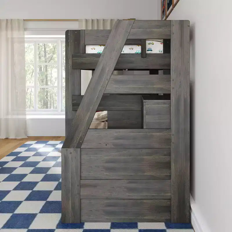 Modern Farmhouse Twin Over Twin Bunk Bed With Staircase and Storage Drawers