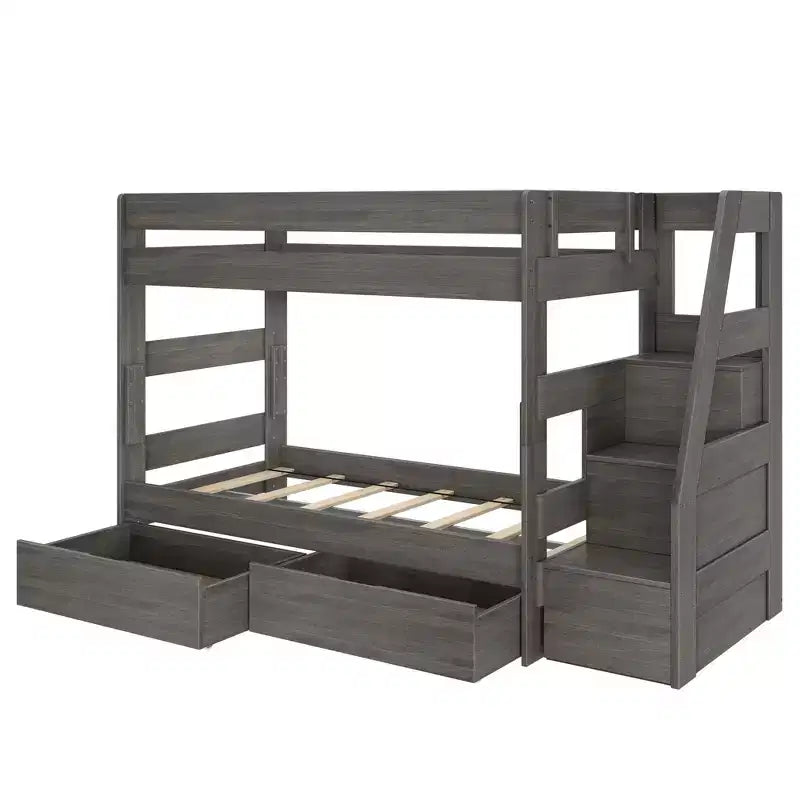 Modern Farmhouse Twin Over Twin Bunk Bed With Staircase and Storage Drawers