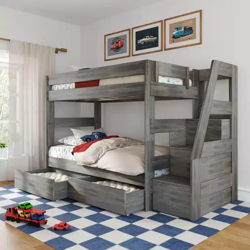 Modern Farmhouse Twin Over Twin Bunk Bed With Staircase and Storage Drawers