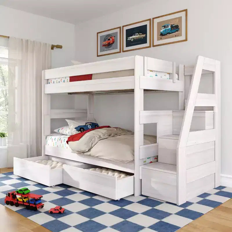 Modern Farmhouse Twin Over Twin Bunk Bed With Staircase and Storage Drawers