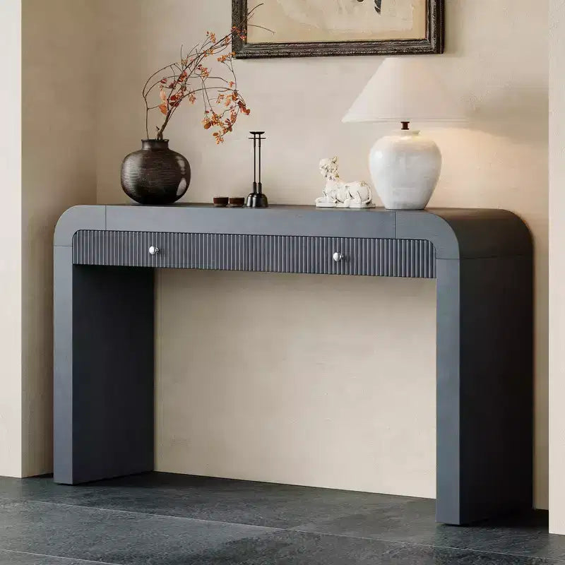 Wood Console Table with Storage, Fluted Entryway Table with Curved Corners for Hallway & Living Room