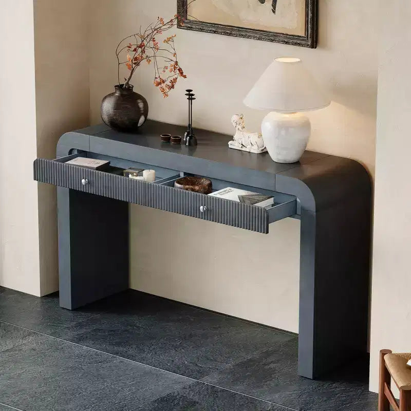 Wood Console Table with Storage, Fluted Entryway Table with Curved Corners for Hallway & Living Room