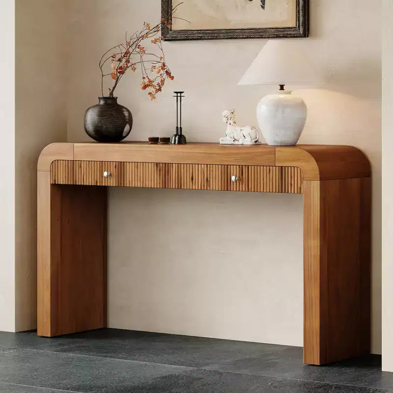Wood Console Table with Storage, Fluted Entryway Table with Curved Corners for Hallway & Living Room
