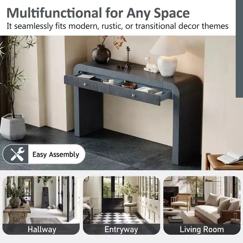 Wood Console Table with Storage, Fluted Entryway Table with Curved Corners for Hallway & Living Room