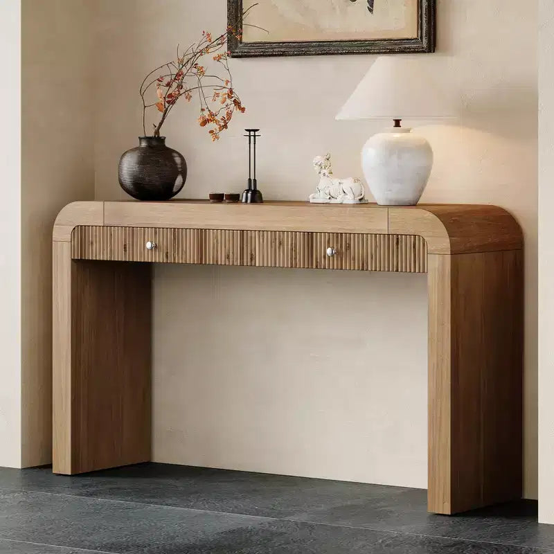 Wood Console Table with Storage, Fluted Entryway Table with Curved Corners for Hallway & Living Room