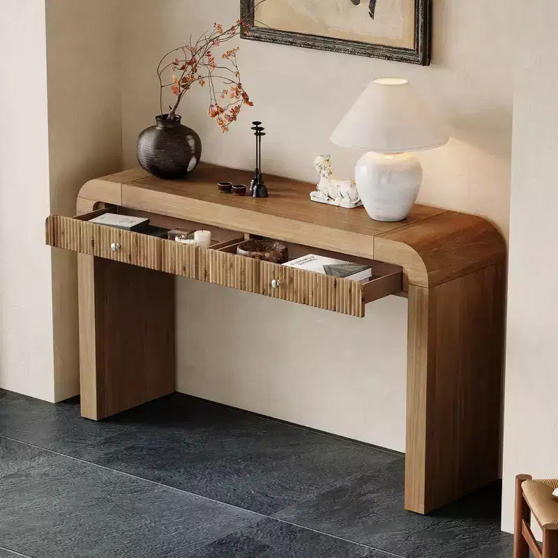 Wood Console Table with Storage, Fluted Entryway Table with Curved Corners for Hallway & Living Room