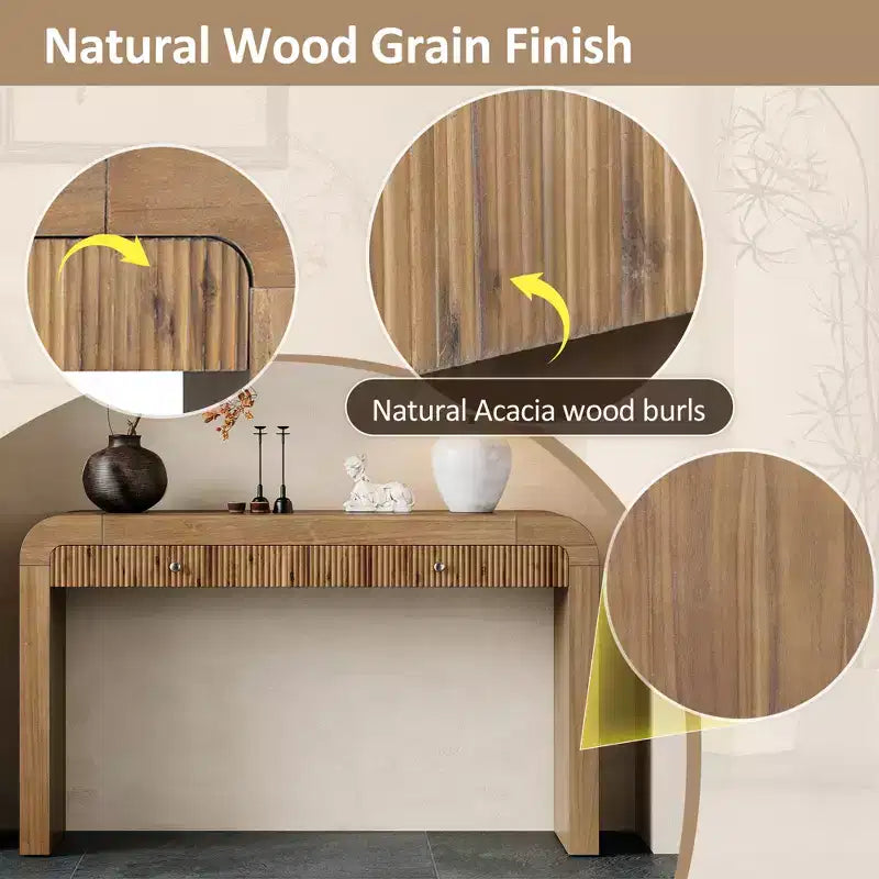 Wood Console Table with Storage, Fluted Entryway Table with Curved Corners for Hallway & Living Room
