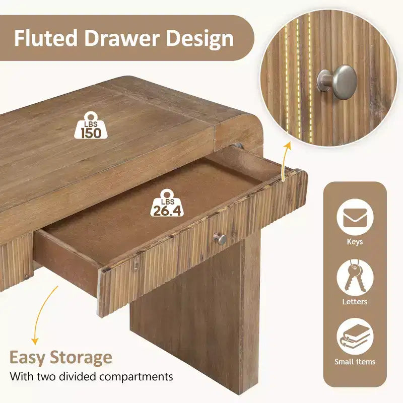 Wood Console Table with Storage, Fluted Entryway Table with Curved Corners for Hallway & Living Room