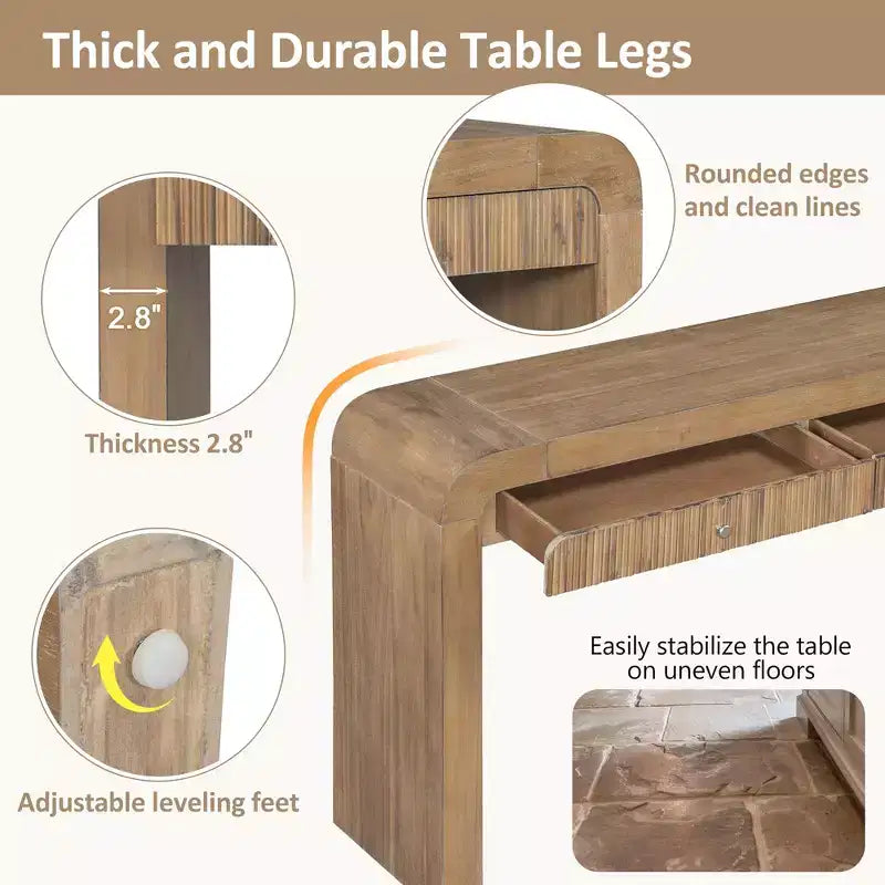 Wood Console Table with Storage, Fluted Entryway Table with Curved Corners for Hallway & Living Room