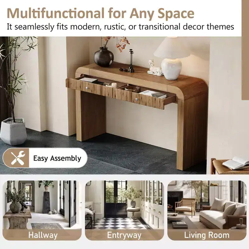 Wood Console Table with Storage, Fluted Entryway Table with Curved Corners for Hallway & Living Room