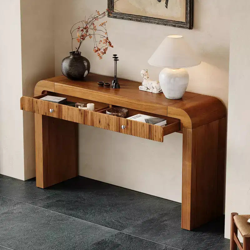 Wood Console Table with Storage, Fluted Entryway Table with Curved Corners for Hallway & Living Room