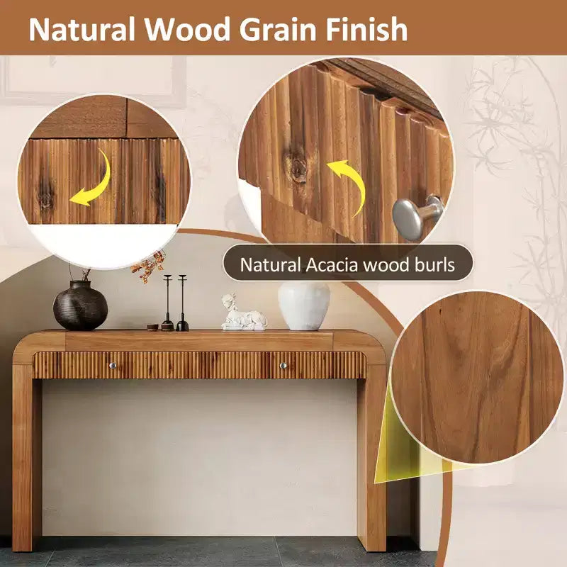 Wood Console Table with Storage, Fluted Entryway Table with Curved Corners for Hallway & Living Room