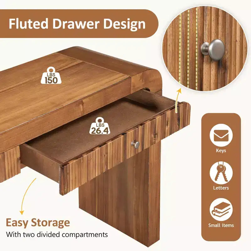 Wood Console Table with Storage, Fluted Entryway Table with Curved Corners for Hallway & Living Room