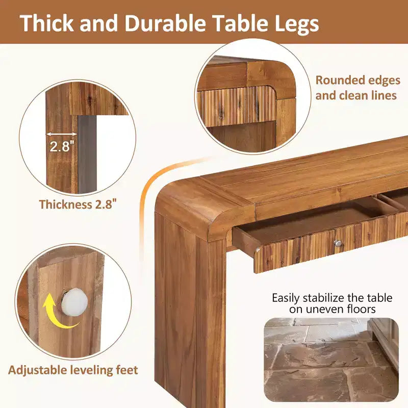 Wood Console Table with Storage, Fluted Entryway Table with Curved Corners for Hallway & Living Room