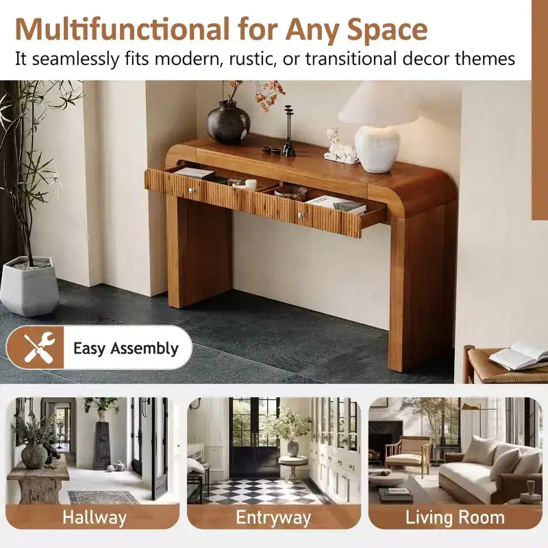 Wood Console Table with Storage, Fluted Entryway Table with Curved Corners for Hallway & Living Room
