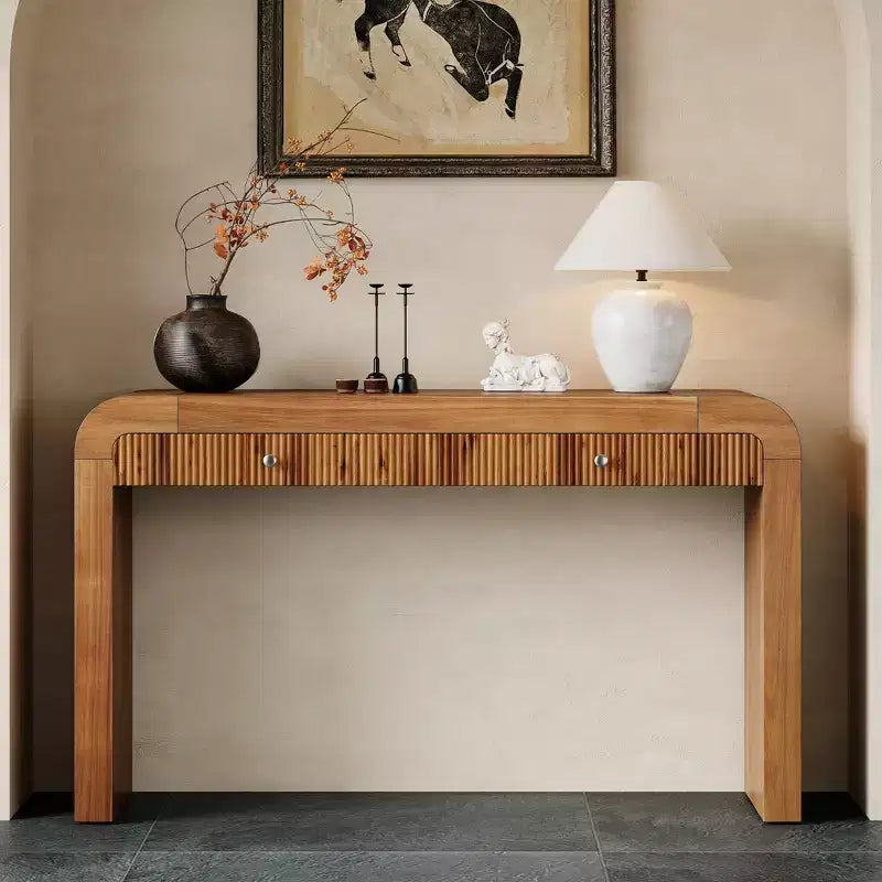 Wood Console Table with Storage, Fluted Entryway Table with Curved Corners for Hallway & Living Room
