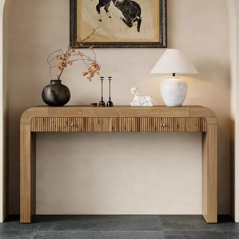 Wood Console Table with Storage, Fluted Entryway Table with Curved Corners for Hallway & Living Room