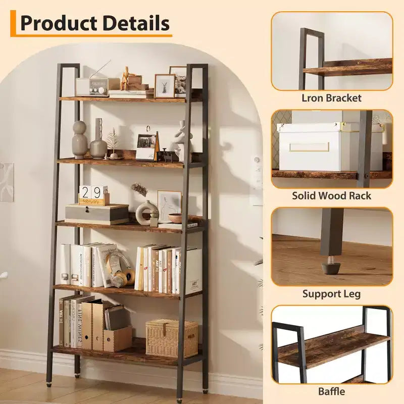 5 Tier Bookshelf with Open Shelves, Farmhouse Wood Bookcase with Adjustable Feet, Metal Frame Storage Rack for Home Office, Bedroom, Living Room