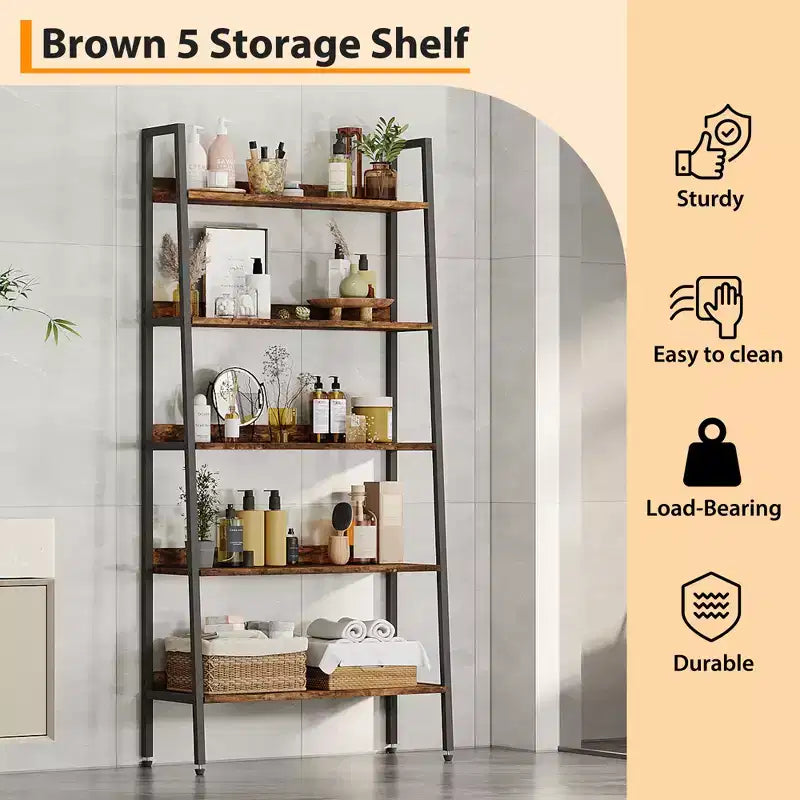 5 Tier Bookshelf with Open Shelves, Farmhouse Wood Bookcase with Adjustable Feet, Metal Frame Storage Rack for Home Office, Bedroom, Living Room