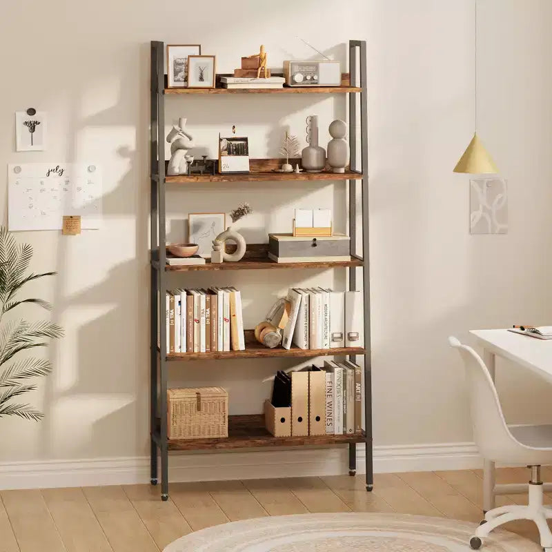 5 Tier Bookshelf with Open Shelves, Farmhouse Wood Bookcase with Adjustable Feet, Metal Frame Storage Rack for Home Office, Bedroom, Living Room