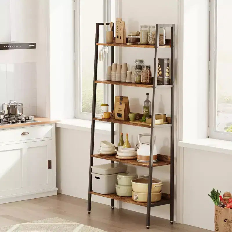 5 Tier Bookshelf with Open Shelves, Farmhouse Wood Bookcase with Adjustable Feet, Metal Frame Storage Rack for Home Office, Bedroom, Living Room