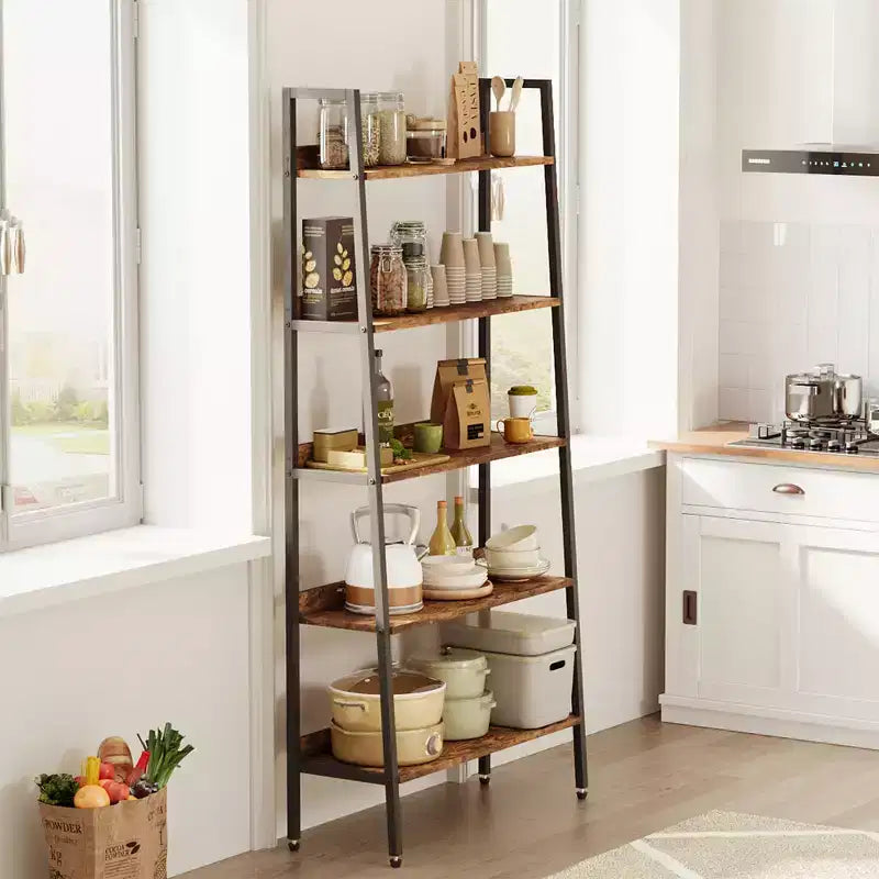 5 Tier Bookshelf with Open Shelves, Farmhouse Wood Bookcase with Adjustable Feet, Metal Frame Storage Rack for Home Office, Bedroom, Living Room
