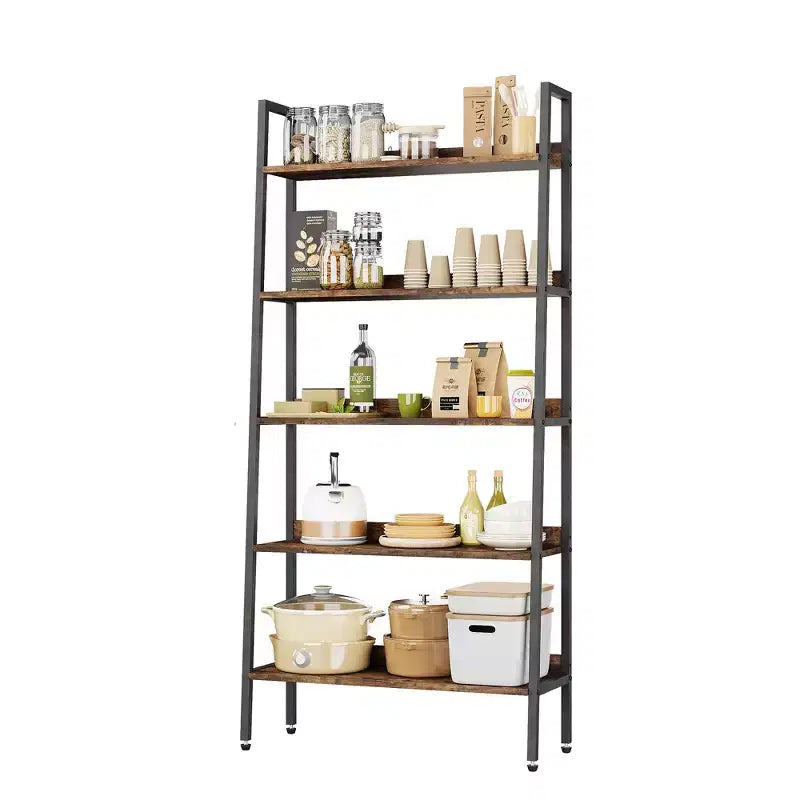 5 Tier Bookshelf with Open Shelves, Farmhouse Wood Bookcase with Adjustable Feet, Metal Frame Storage Rack for Home Office, Bedroom, Living Room