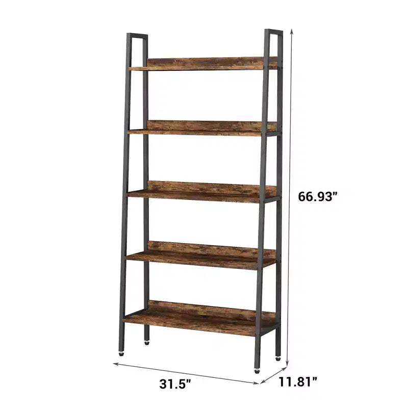 5 Tier Bookshelf with Open Shelves, Farmhouse Wood Bookcase with Adjustable Feet, Metal Frame Storage Rack for Home Office, Bedroom, Living Room