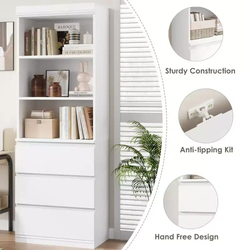 Tall Bookshelf Farmhouse Wooden Deep Bookshelves,70 Inches Bookcase with Drawers, Storage Cabinet Organizer for Living Room,Study,Kitchen,Home Office